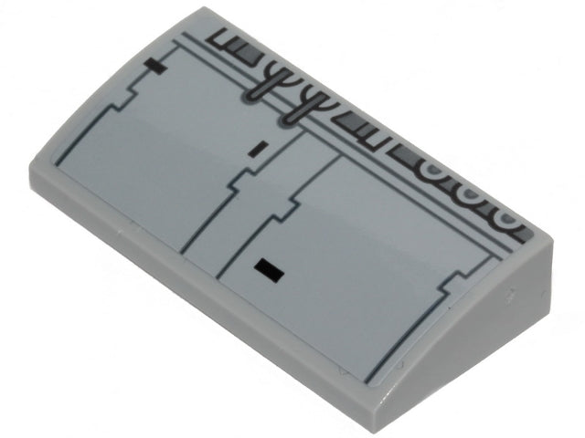 Light grey LEGO curved slope 2x4x2/3 brick with Millennium Falcon panel pattern in dark grey and black.