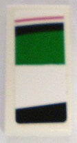 LEGO 1x2 tile sticker, left side pattern: thin red line, black, green, white, and a bottom black section with a diagonal edge.