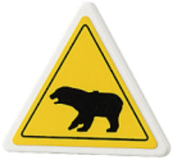 LEGO yellow triangular road sign with a black bear silhouette. The warning sign has a black border and white frame.