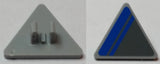 Light gray LEGO 2x2 triangle tile, clips on back, blue stripe on dark bluish gray pattern on front.