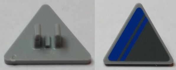 Light gray LEGO 2x2 triangle tile, clips on back, blue stripe on dark bluish gray pattern on front.