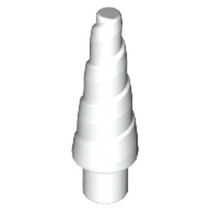 White LEGO 89522 spiral horn piece, often used as a unicorn horn or antenna.