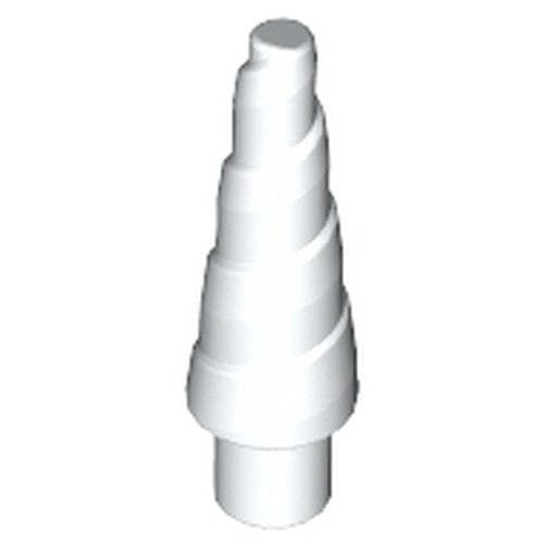 White LEGO 89522 spiral horn piece, often used as a unicorn horn or antenna.