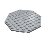 Light gray LEGO 89523 Plate, Modified 10 x 10 Octagonal with Hole, shown at an angle.