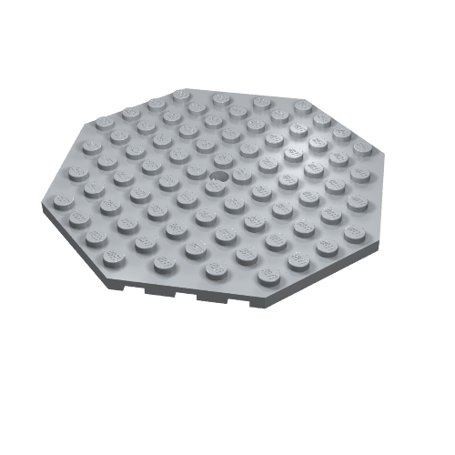 Light gray LEGO 89523 Plate, Modified 10 x 10 Octagonal with Hole, shown at an angle.