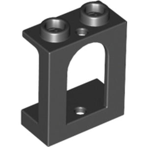 Dark gray LEGO Window 1x2x2 Castle piece with an arched opening, two studs on top, and a bottom pin hole.