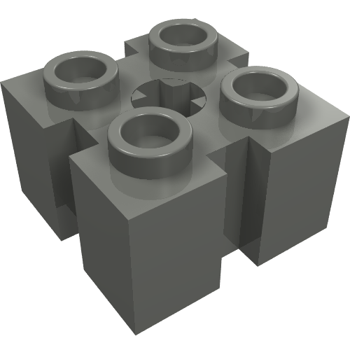 Dark gray LEGO 90258 Brick, Modified 2 x 2 with four studs, side channels, and a central star-shaped axle hole.