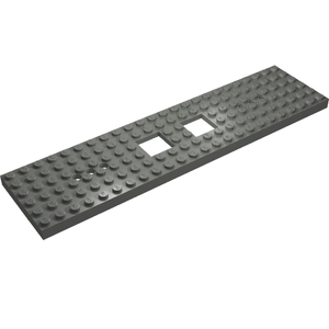 Dark gray LEGO 92088 Train Base 6x24 with two square cutouts and three round holes each end.