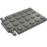 Grey LEGO 4x6 modified plate with studs, featuring two long pins for a trap door hinge mechanism on the left side.