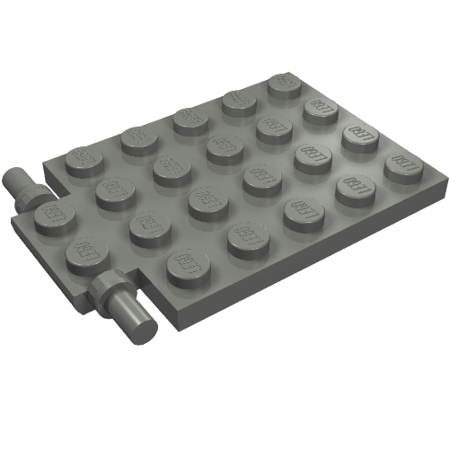 Grey LEGO 4x6 modified plate with studs, featuring two long pins for a trap door hinge mechanism on the left side.