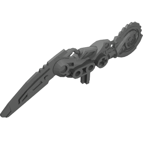 Grey LEGO Hero Factory weapon featuring a pointed blade on one end and a rotary saw disc on the other.