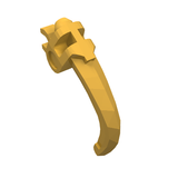 A gold LEGO Hero Factory Weapon, Claw with Clip, angled from the top left, showing its curved shape and clip mechanism.