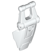 A white LEGO Hero Factory shield part with a top bar handle and a pivoting lower blade element.