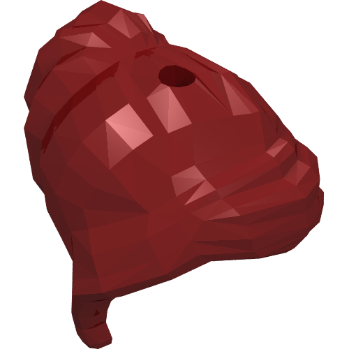 Dark red LEGO mini-doll hair piece with a long ponytail, side bangs, and a hole on top.