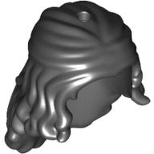 LEGO 92258 mini doll hair in dark gray, long wavy style, partially tied back, with a hole on top.