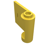 A yellow LEGO Door 1 x 3 x 2 Left hinge piece, part 92262, with an open section between the top and bottom hinge points.