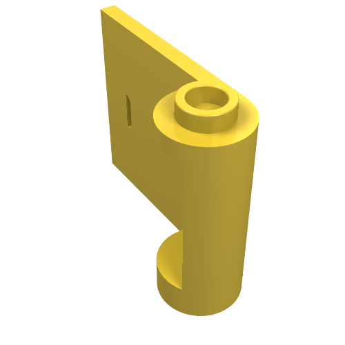 A yellow LEGO Door 1 x 3 x 2 Left hinge piece, part 92262, with an open section between the top and bottom hinge points.