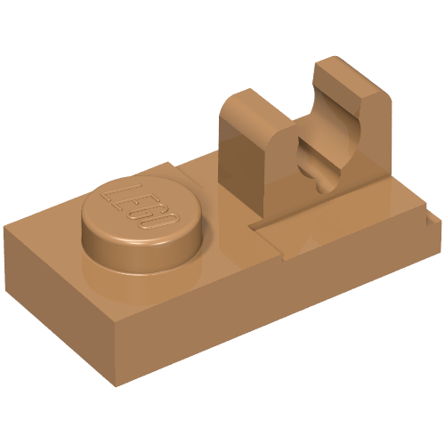 Medium nougat LEGO 92280 modified 1x2 plate with stud and top clip with center cut.