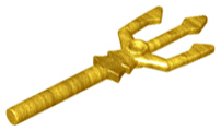 Close-up of a golden LEGO minifigure trident weapon, part number 92289.