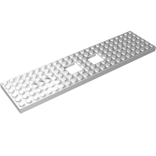 White LEGO 6x24 train base plate with two square cutouts and three round holes at each end.