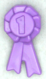 A purple LEGO award ribbon with a number 1 on a central disc, and two ribbon tails hanging below.