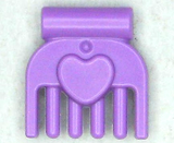 Close-up of a purple LEGO Friends comb, featuring a raised heart detail and five teeth.