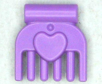 Close-up of a purple LEGO Friends comb, featuring a raised heart detail and five teeth.