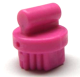 Close-up of a small, round, bright pink LEGO Friends brush accessory with a ridged base and a smooth handle.
