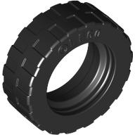 Black LEGO tire, 17.5mm D. x 6mm, with shallow staggered treads and a smooth band around the center. LEGO logo visible.
