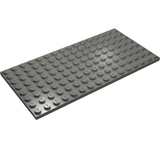 A gray LEGO 8x16 plate featuring 128 studs on its surface, angled on a white background.