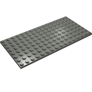 A gray LEGO 8x16 plate featuring 128 studs on its surface, angled on a white background.