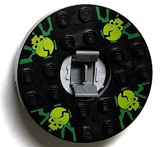 Black LEGO 6x6 round turntable base with lime skulls on green pattern, a Ninjago spinner component.