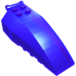 Translucent blue LEGO part 92579, a Windscreen 8x4x2 with 4 studs and a bar handle at one end.