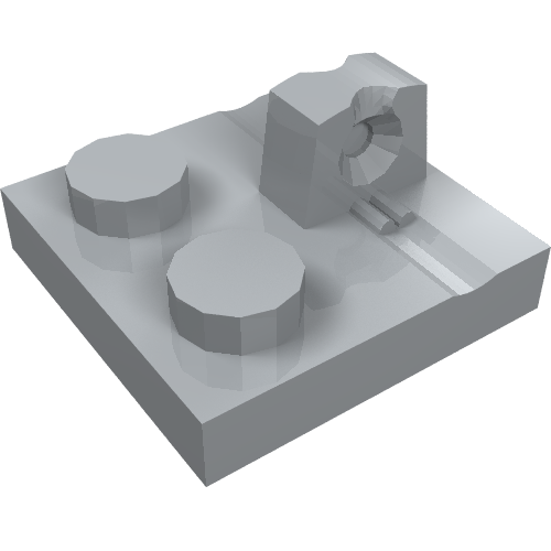 A grey LEGO 92582 Hinge Plate 2 x 2 Locking with 1 Finger on Top, angled view.