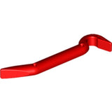 A red LEGO minifigure crowbar, featuring a flattened prying end and a hooked end with small studs on the shaft.