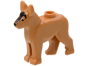 LEGO 92586pb01 Dog, German Shepherd, tan with black eyes, nose, blaze, and dark brown muzzle pattern, standing.