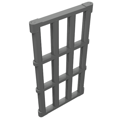 Dark gray LEGO 1x4x6 bar grille with end protrusions, viewed from a slight angle on a white background.