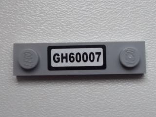 Light gray LEGO 1x4 modified plate with 2 studs and a black sticker featuring 'GH60007' in white text.