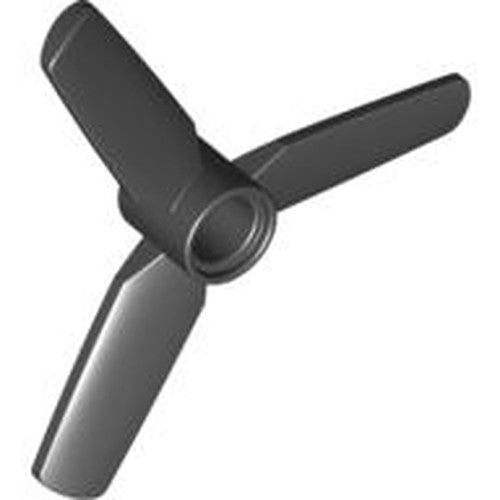 Dark grey LEGO 3-blade propeller, part 92842, with a 5-diameter hub and smooth, rounded blades.