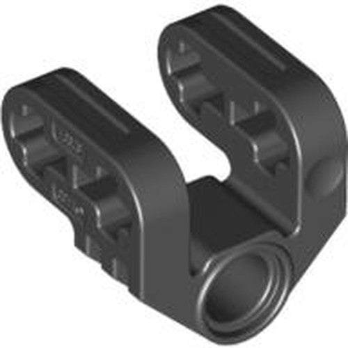 Black LEGO Technic Axle and Pin Connector Perpendicular Split (part 92907) showing two arms and a connecting pin hole.