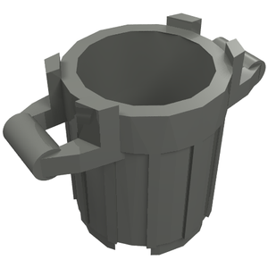 Grey LEGO 92926 Container, Trash Can with 4 Cover Holders, featuring ribbed sides and handle-like protrusions.