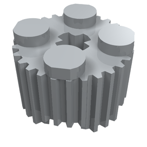 Grey LEGO 92947 Brick, Round 2x2 with axle hole and fluted/grille profile on the side.