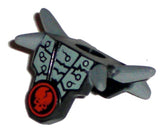 Dark bluish gray LEGO minifigure armor breastplate with shoulder spikes, light gray pattern, and a red cracked skull in a black circle.