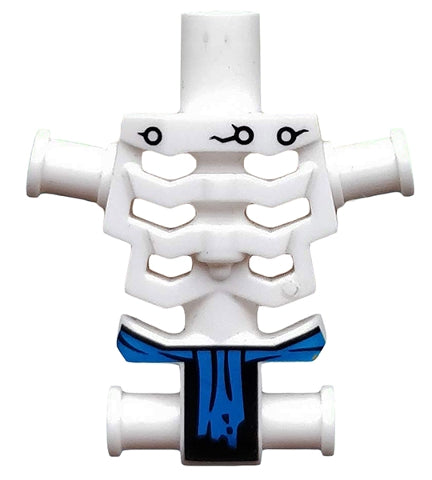 White LEGO skeleton torso with angular rib cage, small black markings, and a blue loincloth pattern.