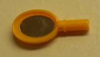 A yellow LEGO Friends hand mirror accessory with an oval dark grey mirror sticker and a short handle.