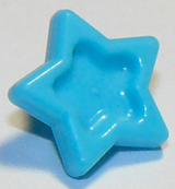 Light blue LEGO star hair decoration with a small pin, seen from an angle, showing the slightly indented center and rounded points.