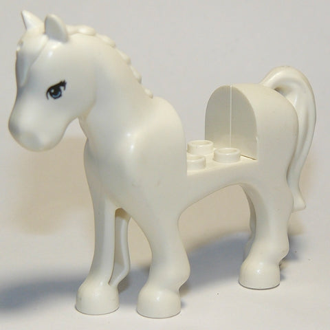 White LEGO Friends style horse with bright light blue eyes, braided mane, and a 2x2 cutout for a saddle.