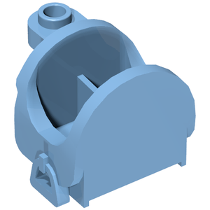 Light blue LEGO Friends horse saddle with stirrups and top stud, angled view showing internal partition.