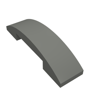 A dark gray LEGO Slope, Curved 4 x 1 x 2/3 Double (part 93273), viewed at an angle against a white background.