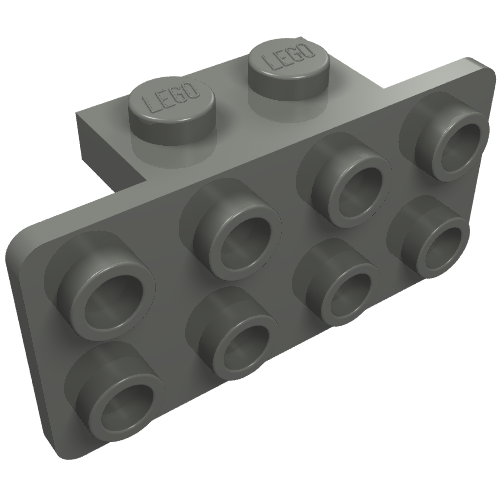 Grey LEGO 93274 bracket 1x2-2x4 with two studs on top and eight studs on its side.